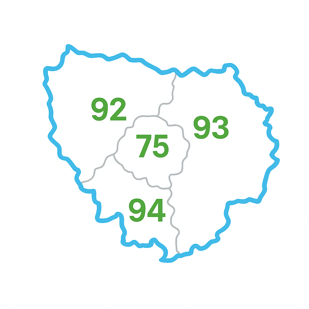 Carte des départements desservis : Paris 75, Hauts-de-Seine 92, Seine-Saint-Denis 93, Val-de-Marne 94